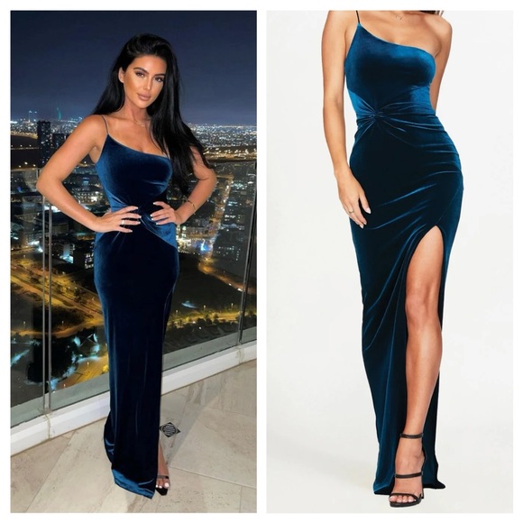 NWT Nookie Maxi Dress Blue Velvet Amara Gown One Shoulder size M